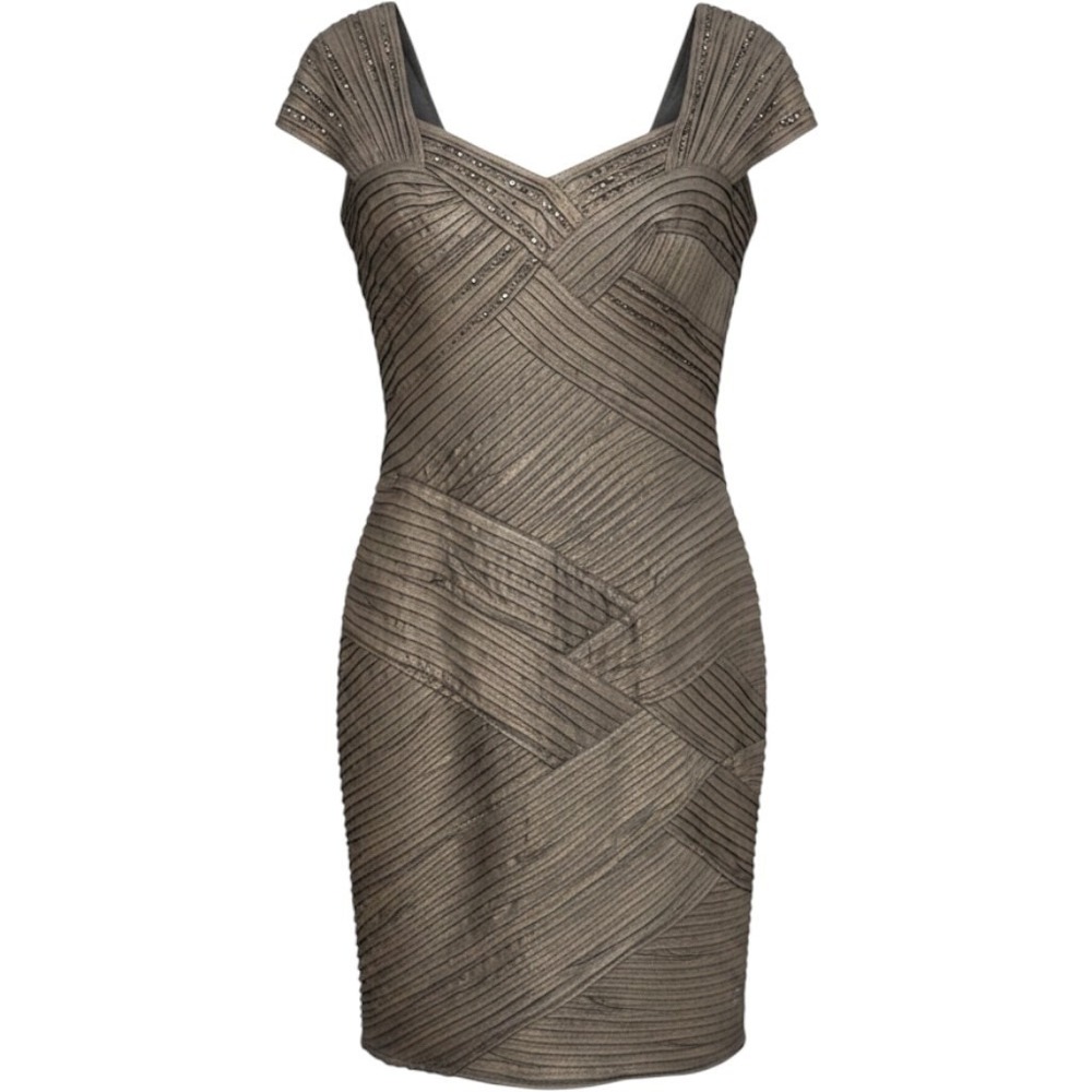 Tadashi Shoji Womens Dress L Bronze Metallic Pintuck Beaded Cap Bodycon Occasion